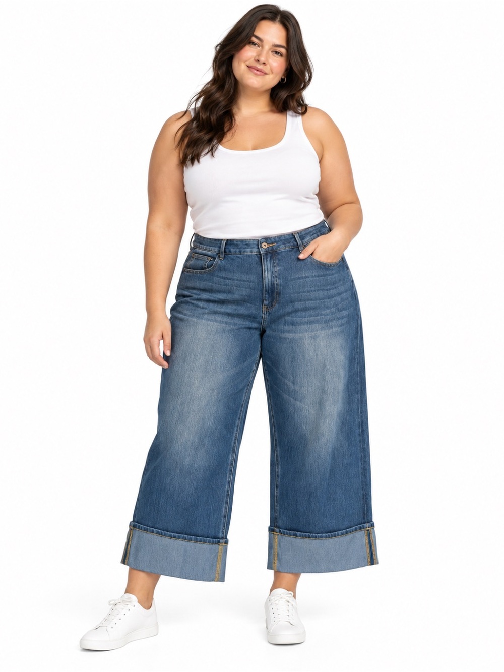 Halara Flex High Rise Wide Leg Jeans XL Blue Stretch Cuffed Relaxed Fit Denim